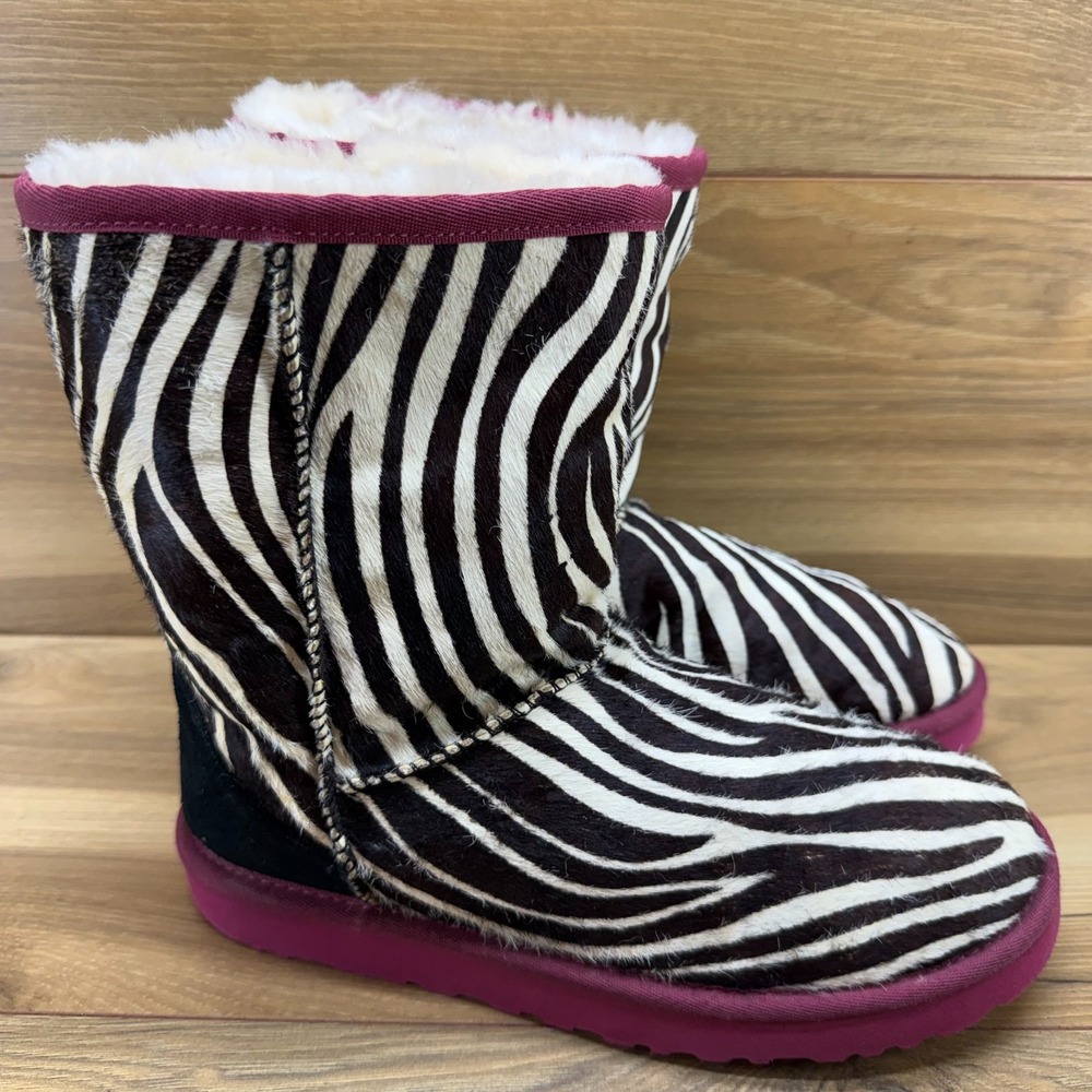 UGG Exotic Zebra Classic Short Boots Womens 7 Pink Brown White Calf Ponyhair